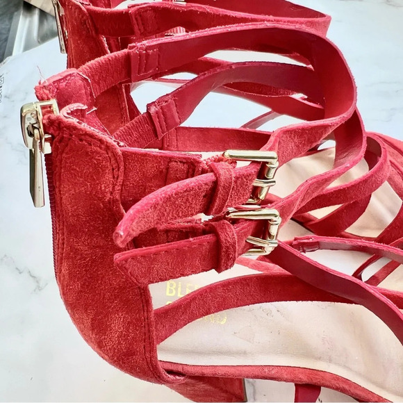 Bleecker & Bond Mindy Heels Womens Size 8 Cage Chunky Sandals Red Suede Strappy - Picture 7 of 12